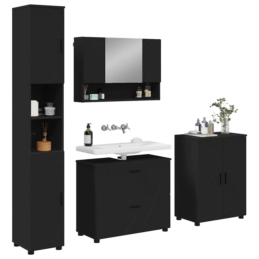 Badkamermeubelset met lade 4 pcs Zwart Geperst Hout en Metaal