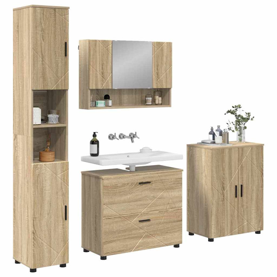 Badkamermeubelset 4 pcs Sonoma Eiken Geperst Hout en Metaal