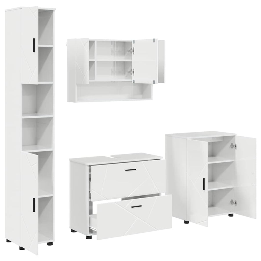 Badkamermeubelset 4 pcs Hoogglans wit Geperst Hout en Metaal