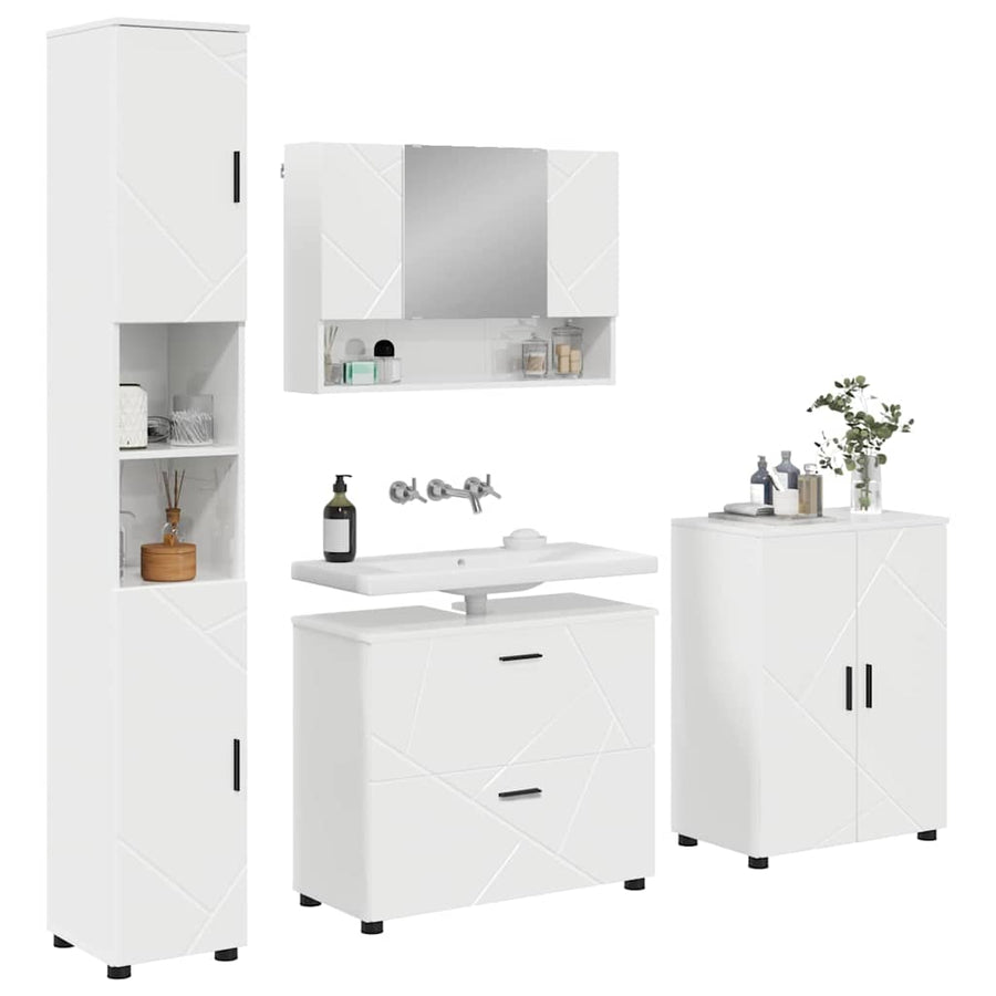 Badkamermeubelset 4 pcs Hoogglans wit Geperst Hout en Metaal