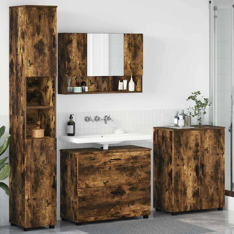 Badkamermeubelset 4 pcs Gerookt eiken Geperst Hout en Metaal