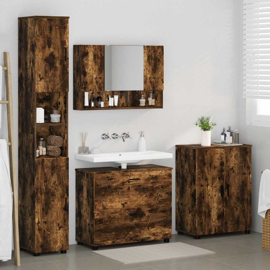 Badkamermeubelset 4 pcs Gerookt eiken Geperst Hout en Metaal