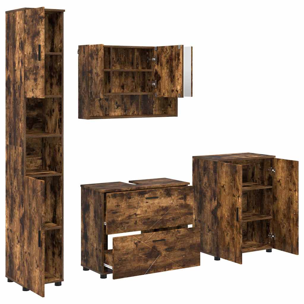Badkamermeubelset 4 pcs Gerookt eiken Geperst Hout en Metaal