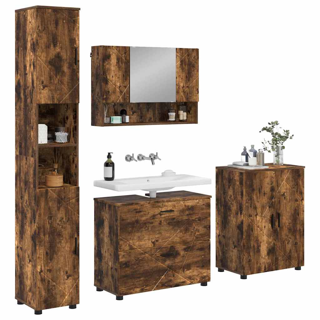 Badkamermeubelset 4 pcs Gerookt eiken Geperst Hout en Metaal
