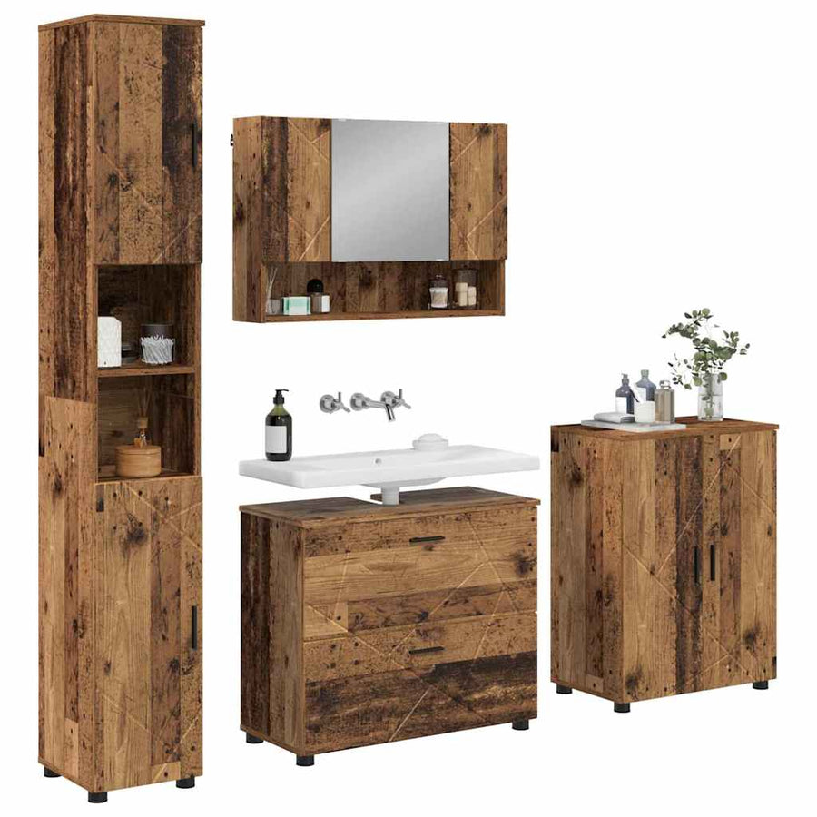 Badkamermeubelset 4 pcs Oud Hout Geperst Hout en Metaal
