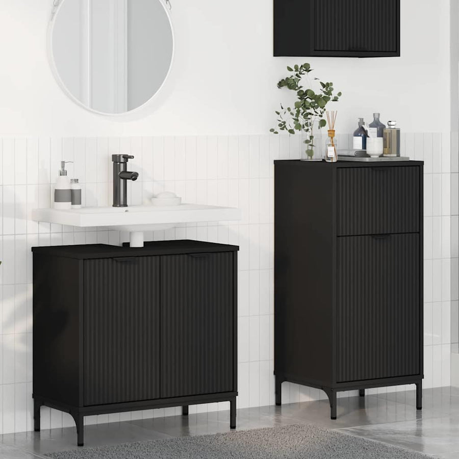 Badkamermeubelset met lade 2 pcs Zwart Geperst Hout en Metaal