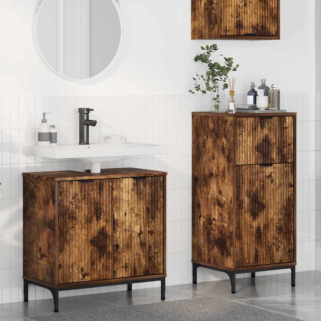 Badkamermeubelset 2 pcs Gerookt eiken Geperst Hout en Metaal