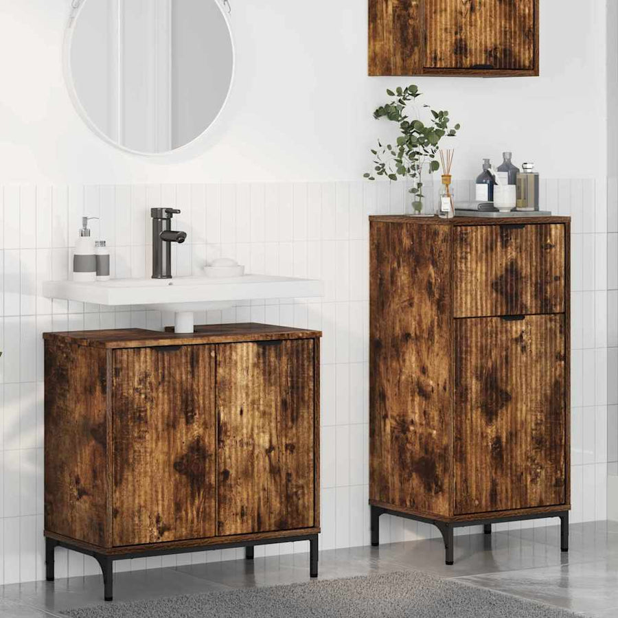 Badkamermeubelset 2 pcs Gerookt eiken Geperst Hout en Metaal
