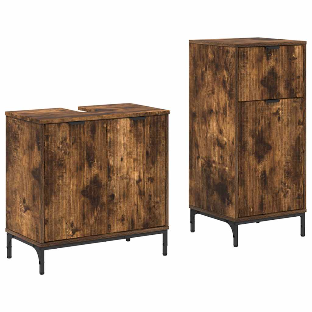 Badkamermeubelset 2 pcs Gerookt eiken Geperst Hout en Metaal