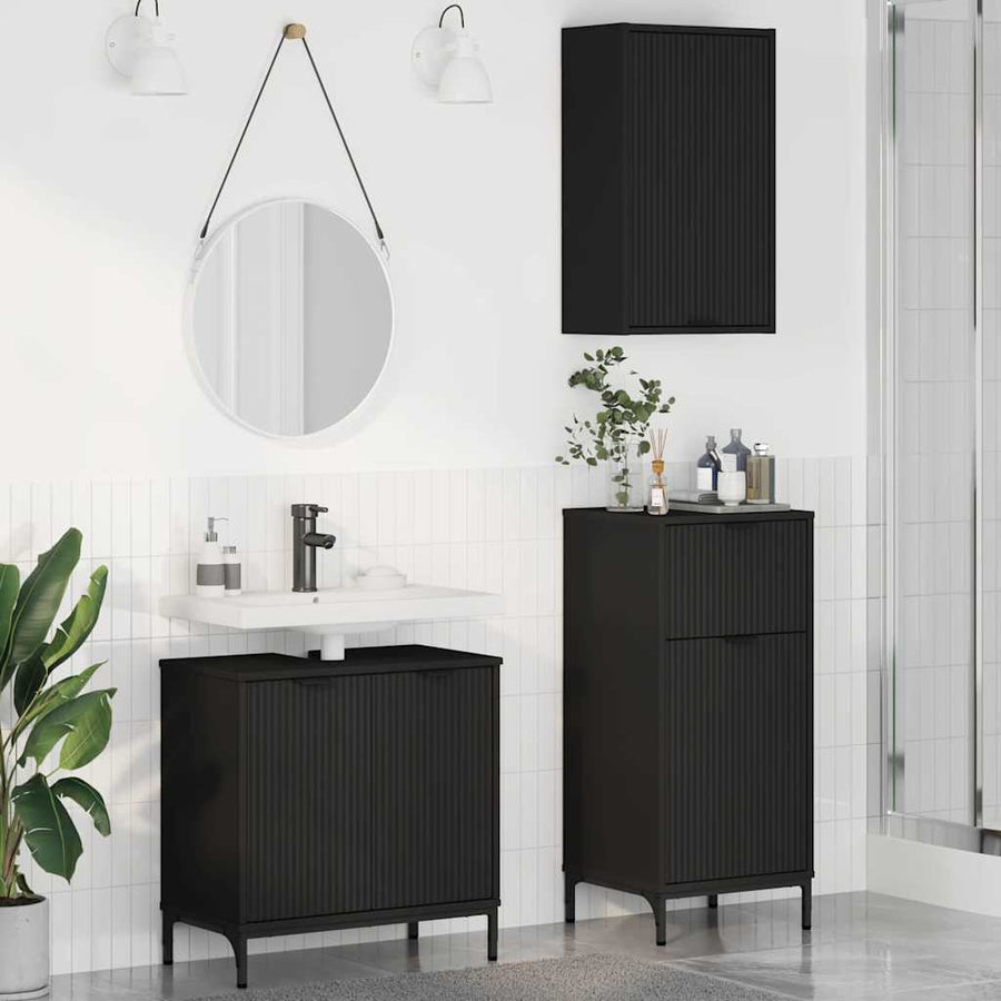 Badkamermeubelset met lade 3 pcs Zwart Geperst Hout en Metaal