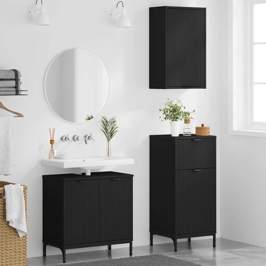 Badkamermeubelset met lade 3 pcs Zwart Geperst Hout en Metaal