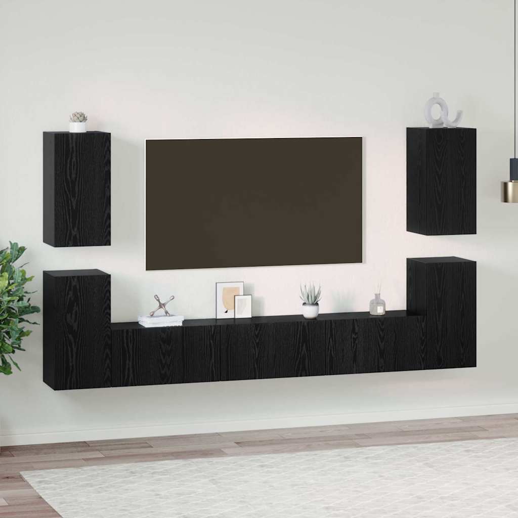 Tv-meubelset met plank Anders met opslag met de deur 7 pcs Zwart eiken Bewerkt hout