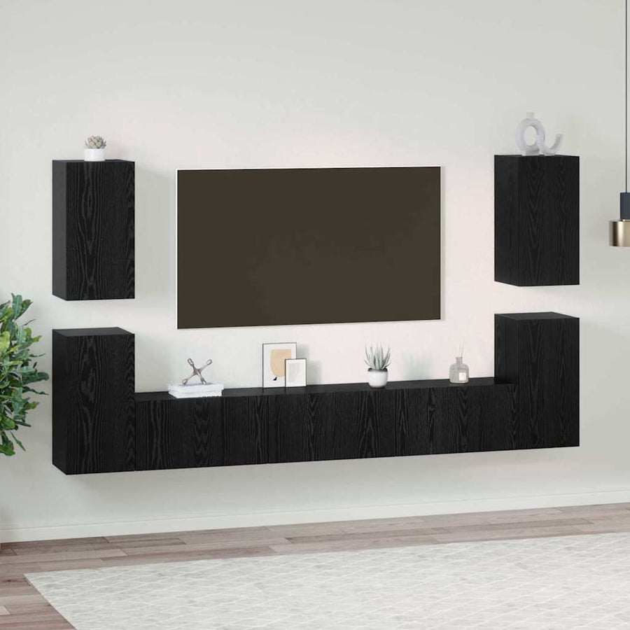 Tv-meubelset met plank Anders met opslag met de deur 7 pcs Zwart eiken Bewerkt hout