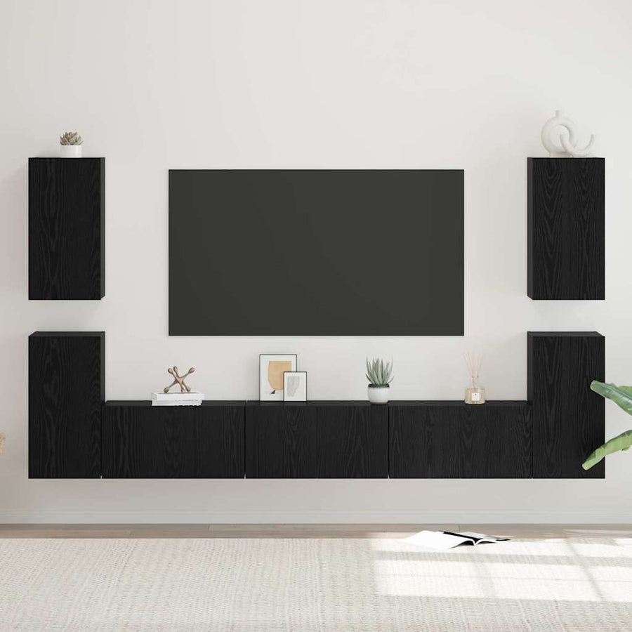 Tv-meubelset met plank Anders met opslag met de deur 7 pcs Zwart eiken Bewerkt hout