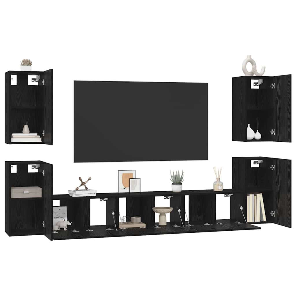 Tv-meubelset met plank Anders met opslag met de deur 7 pcs Zwart eiken Bewerkt hout
