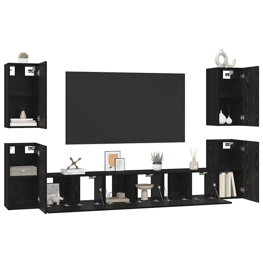 Tv-meubelset met plank Anders met opslag met de deur 7 pcs Zwart eiken Bewerkt hout
