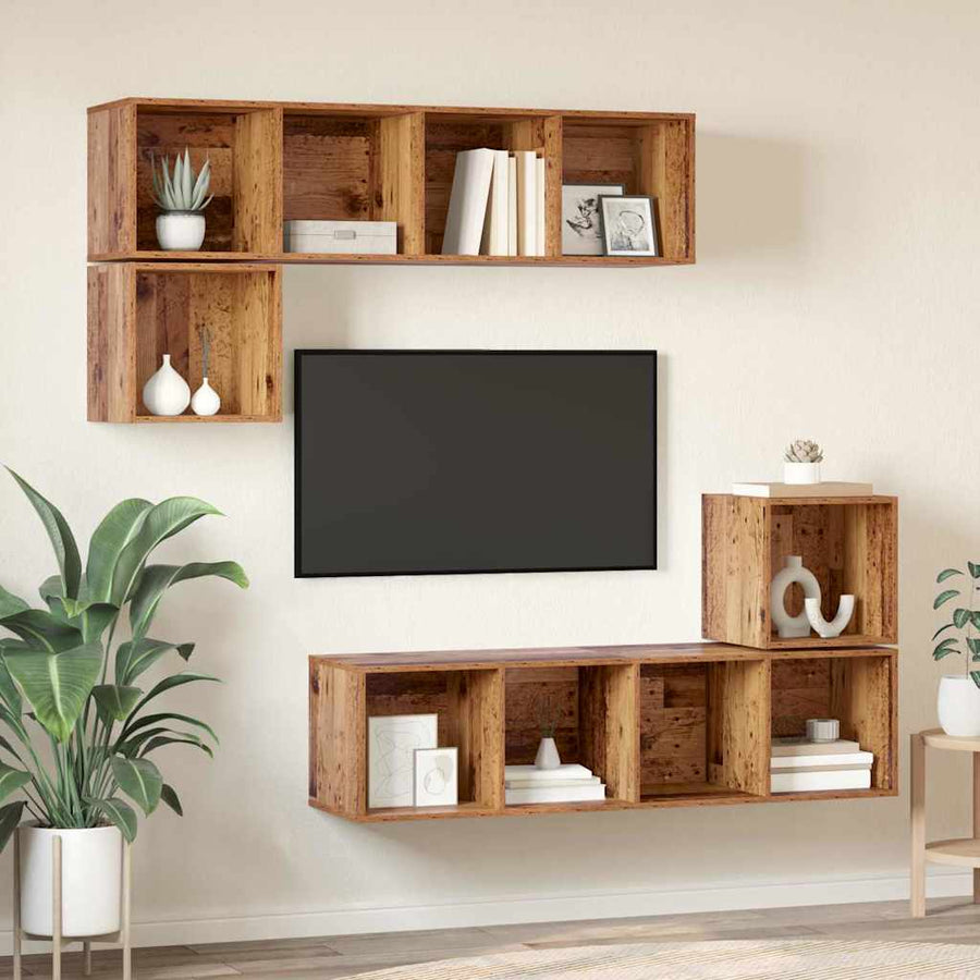 Tv-meubelset Wandgemonteerd 4 pcs Oud Hout Bewerkt hout