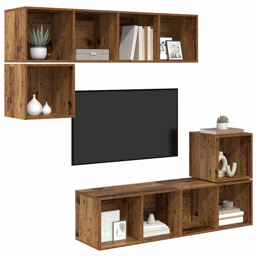Tv-meubelset Wandgemonteerd 4 pcs Oud Hout Bewerkt hout
