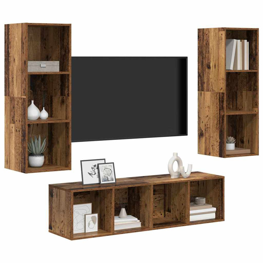 TV-kast set 3 pcs Oud hout 37 x 37 x 142.5 cm Bewerkt hout