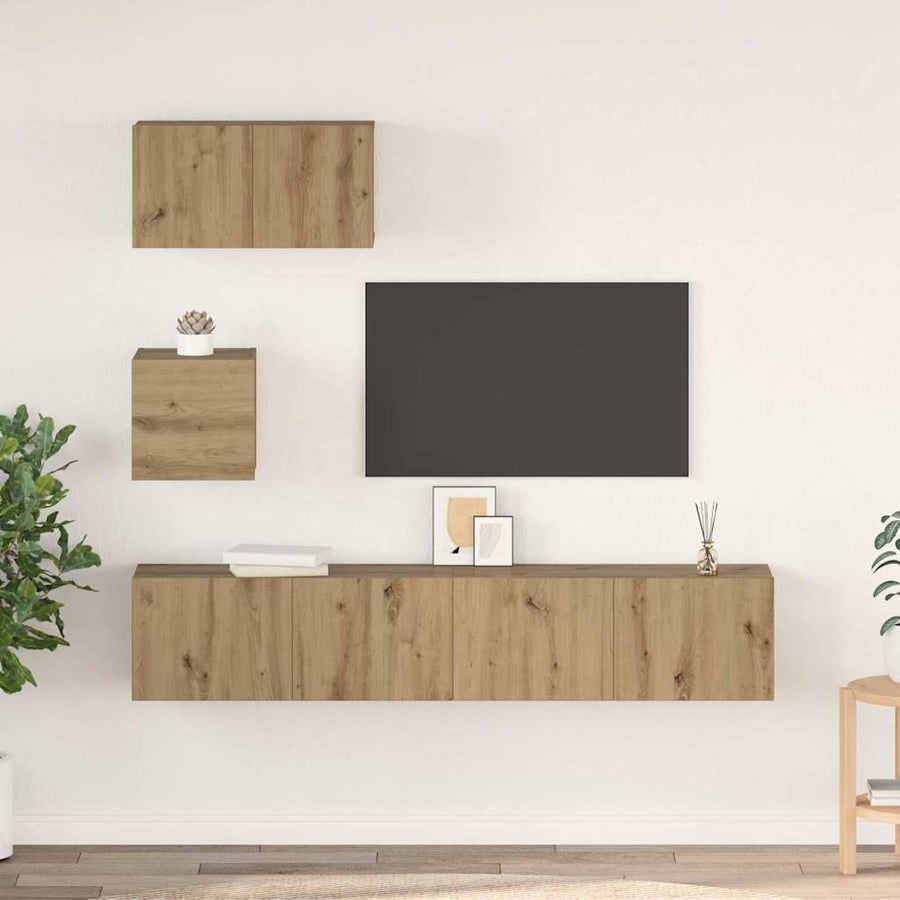 Tv-meubelset met plank Wandgemonteerd met opslag met de deur 4 pcs artisanaal eikenkleurig