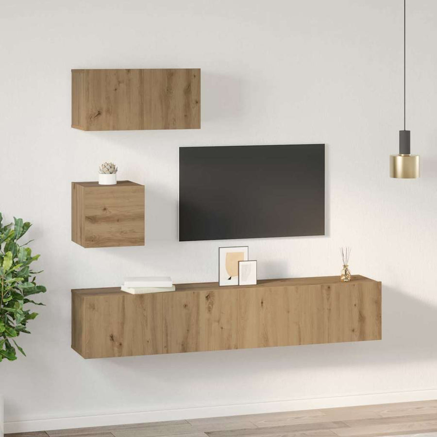 Tv-meubelset met plank Wandgemonteerd met opslag met de deur 4 pcs artisanaal eikenkleurig