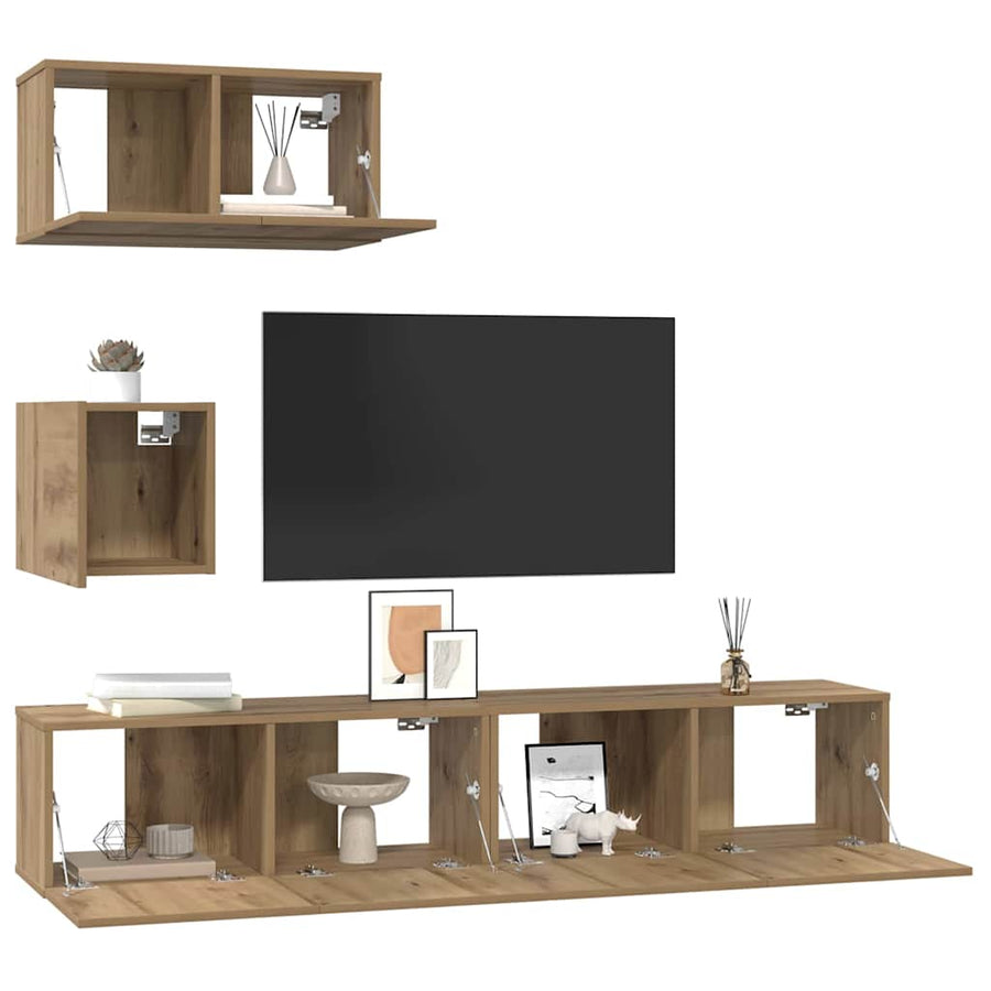 Tv-meubelset met plank Wandgemonteerd met opslag met de deur 4 pcs artisanaal eikenkleurig