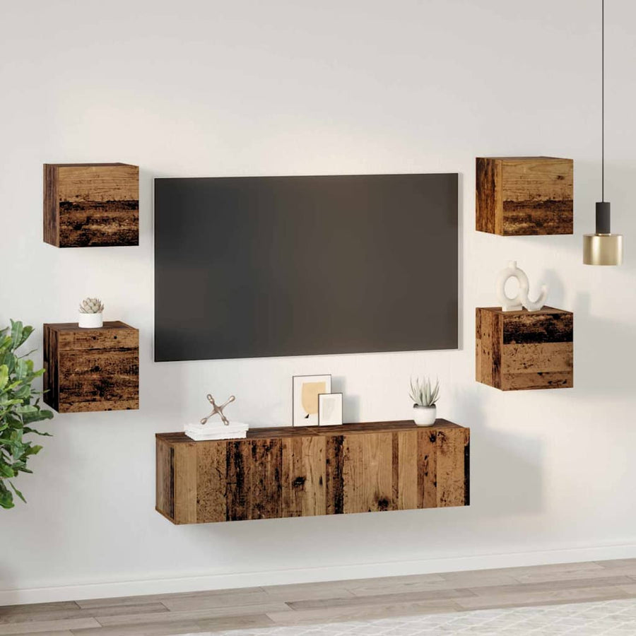 Tv-meubelset Wandgemonteerd 6 pcs Oud Hout Bewerkt hout