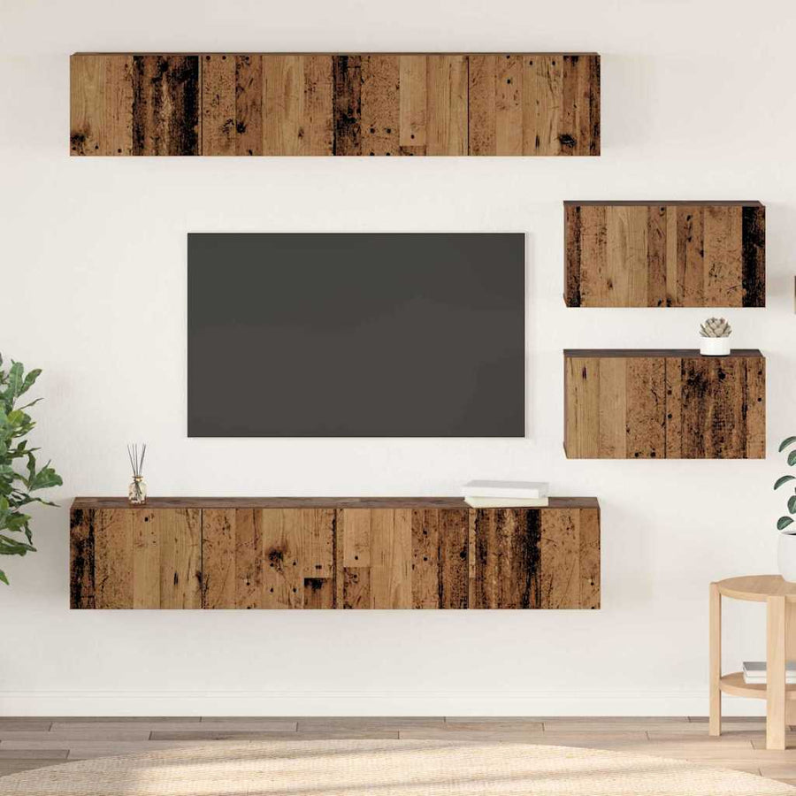 TV-kast set met plank Wandgemonteerd Anders met opslag met de deur 6 pcs Oud hout Medium Bewerkt hout