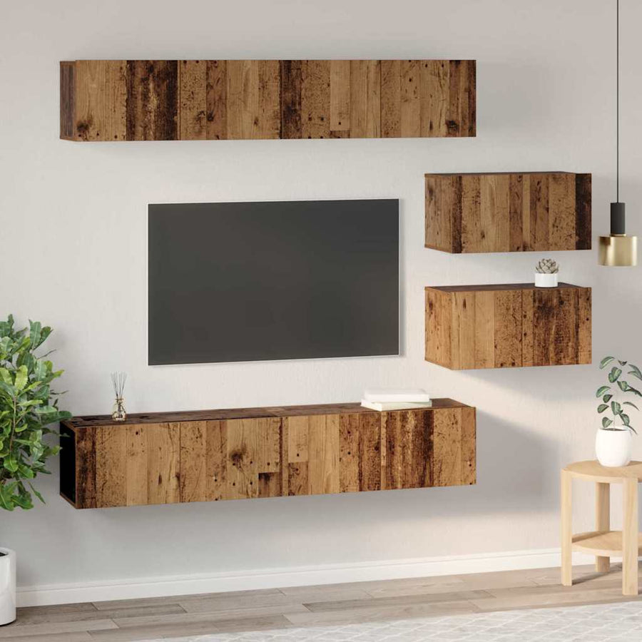 TV-kast set met plank Wandgemonteerd Anders met opslag met de deur 6 pcs Oud hout Medium Bewerkt hout