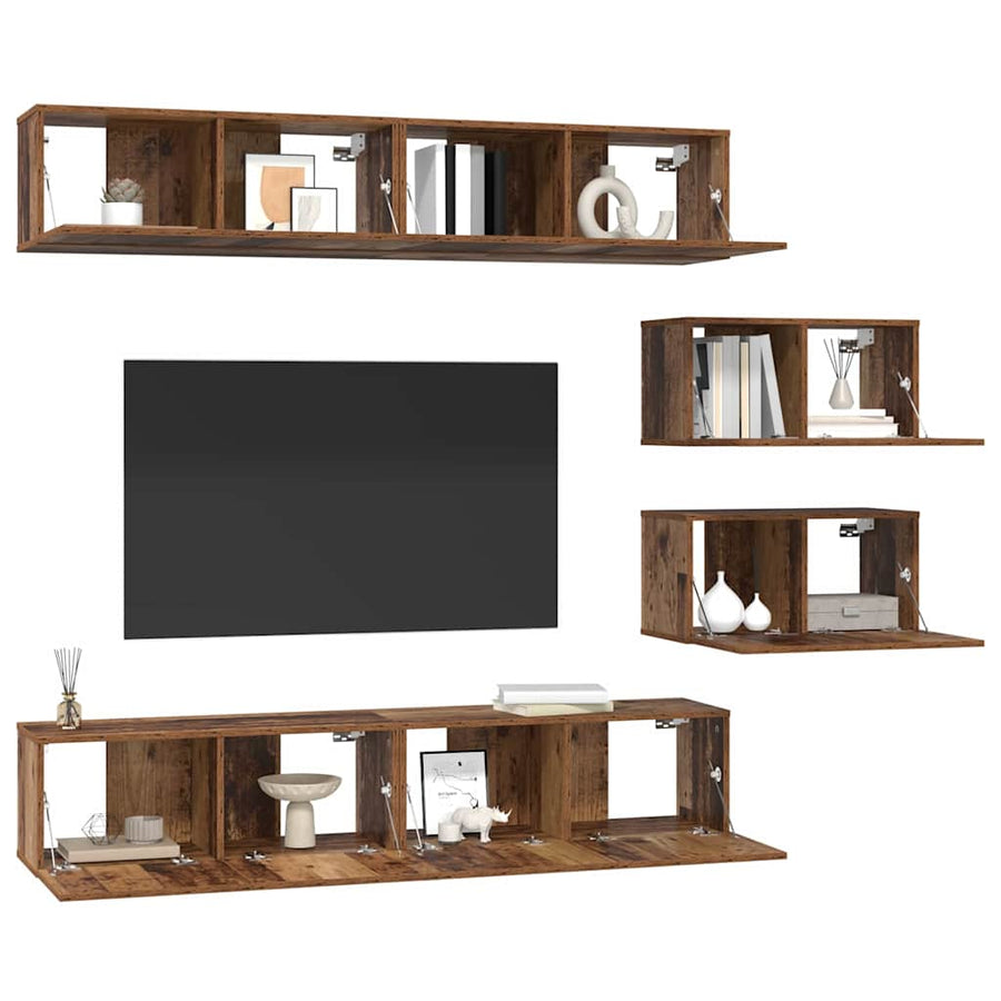 TV-kast set met plank Wandgemonteerd Anders met opslag met de deur 6 pcs Oud hout Medium Bewerkt hout