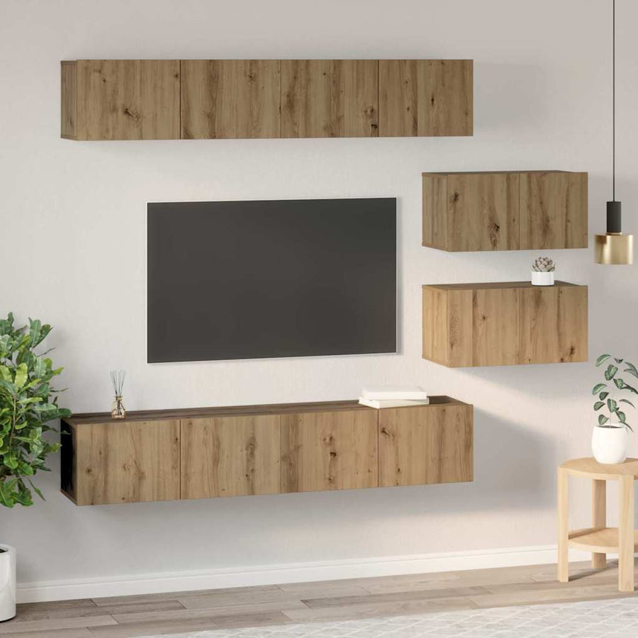 TV-kast set met plank Wandgemonteerd Anders met opslag met de deur 6 pcs artisanaal eikenkleurig