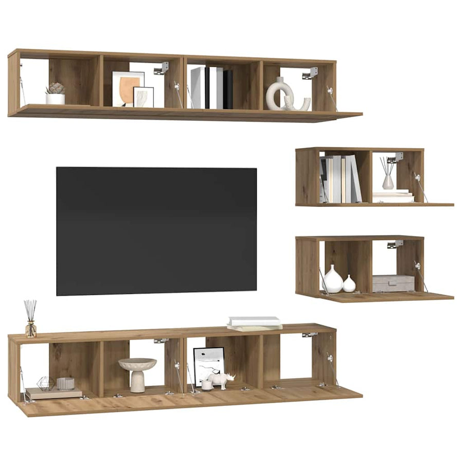 TV-kast set met plank Wandgemonteerd Anders met opslag met de deur 6 pcs artisanaal eikenkleurig