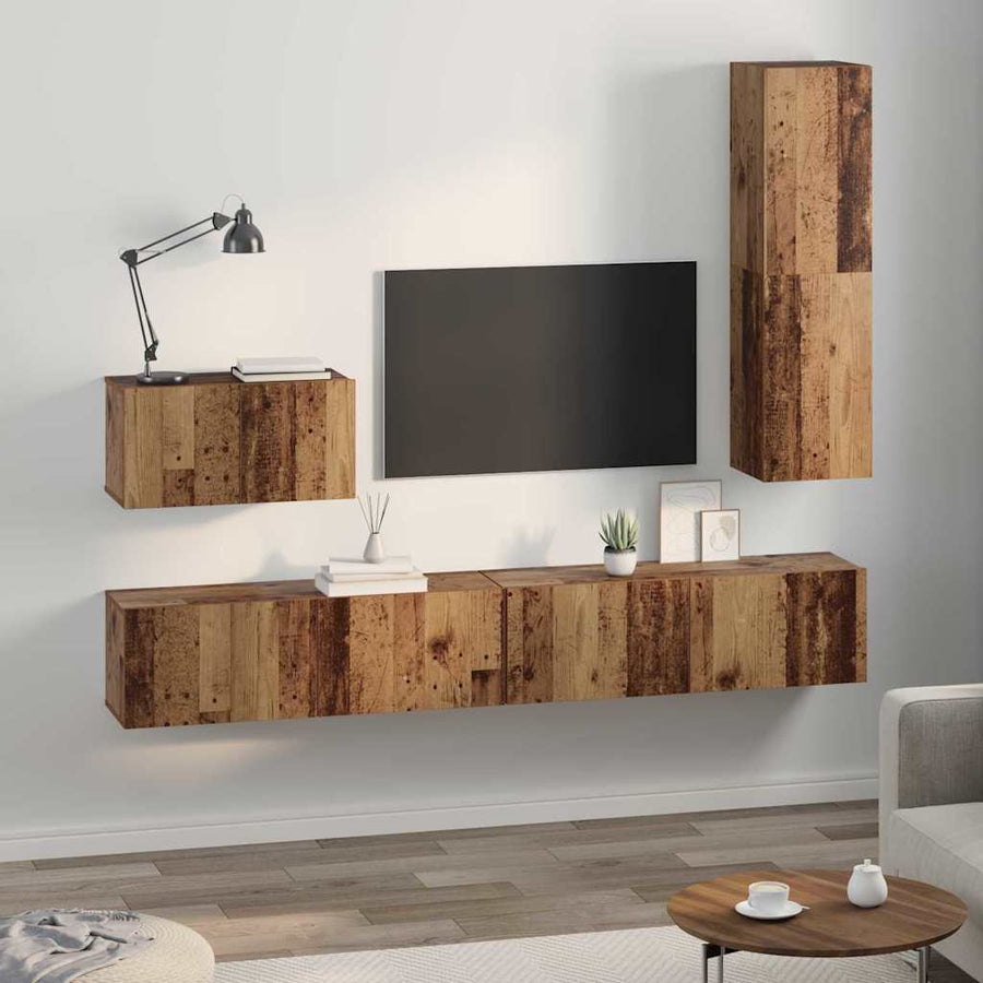 TV-kast set met plank Wandgemonteerd Anders met opslag met de deur 4 pcs Oud hout Medium Bewerkt hout