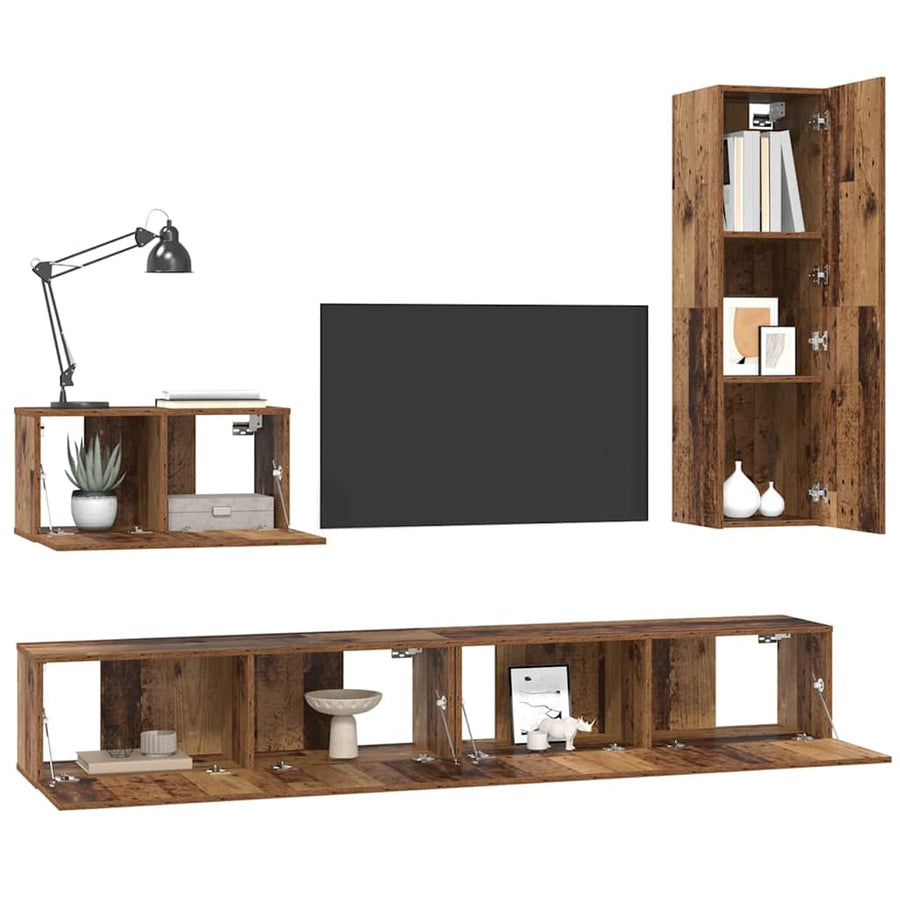 TV-kast set met plank Wandgemonteerd Anders met opslag met de deur 4 pcs Oud hout Medium Bewerkt hout