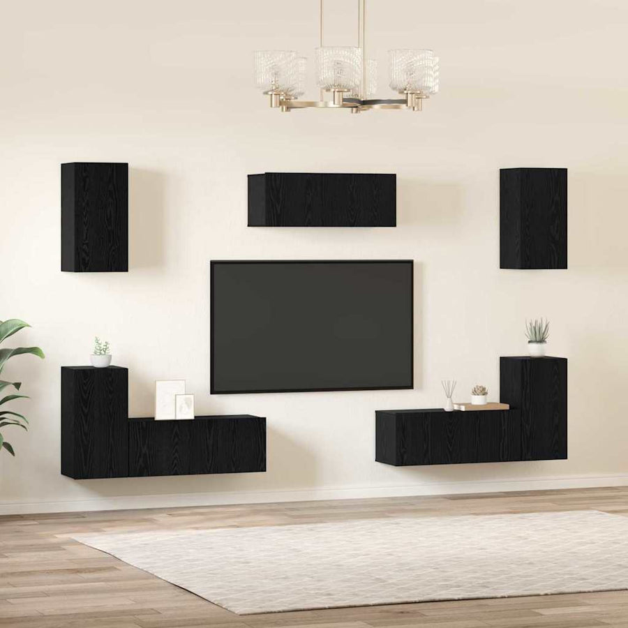 Tv-meubelset met plank Anders met opslag met de deur 7 pcs Zwart eiken Bewerkt hout