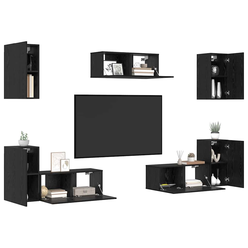 Tv-meubelset met plank Anders met opslag met de deur 7 pcs Zwart eiken Bewerkt hout