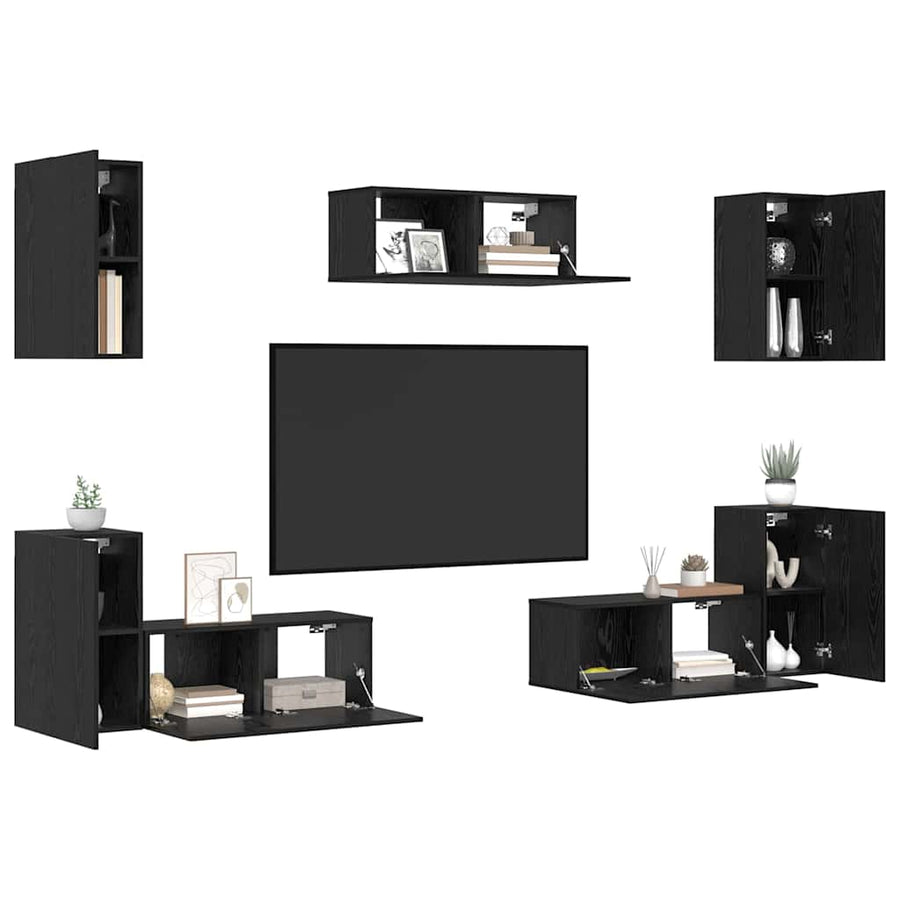 Tv-meubelset met plank Anders met opslag met de deur 7 pcs Zwart eiken Bewerkt hout