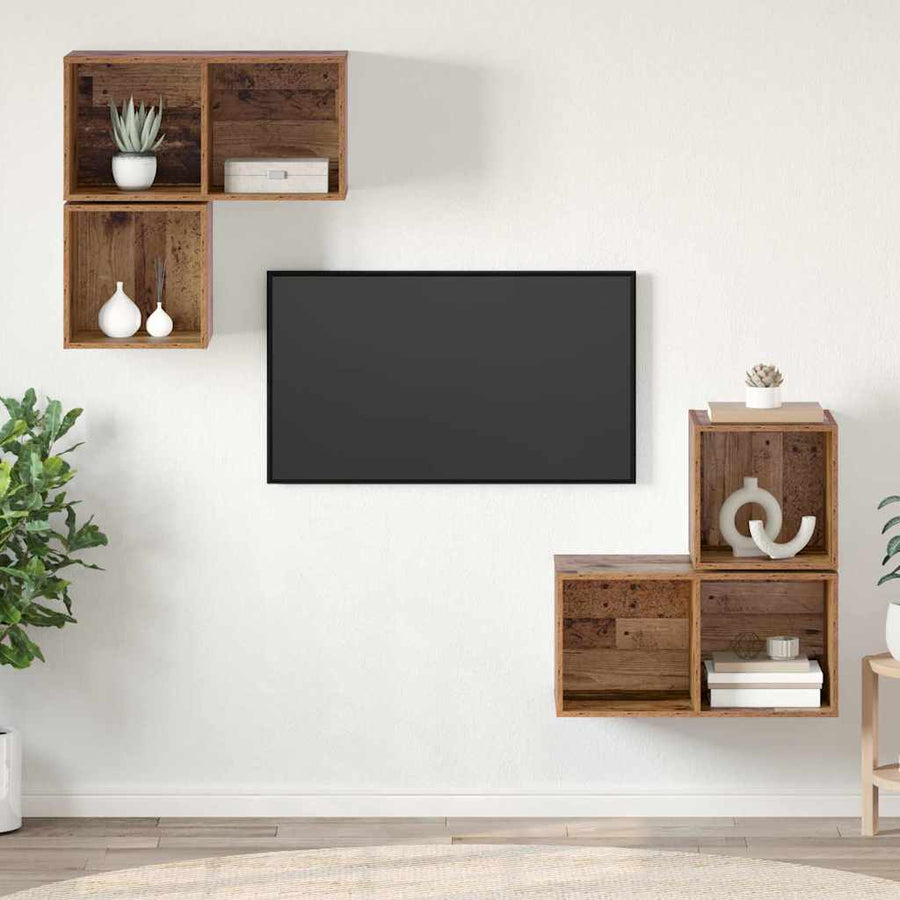 Tv-meubelset Wandgemonteerd 4 pcs Oud Hout Bewerkt hout