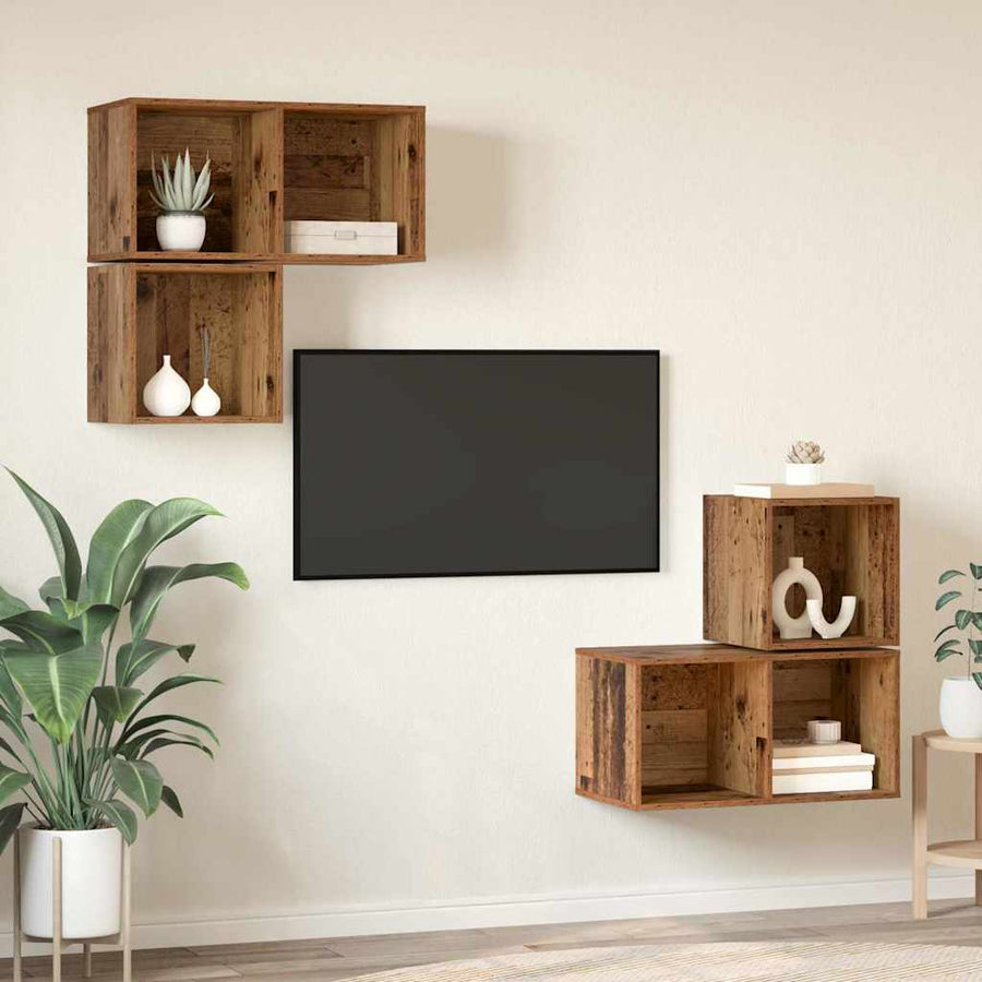 Tv-meubelset Wandgemonteerd 4 pcs Oud Hout Bewerkt hout