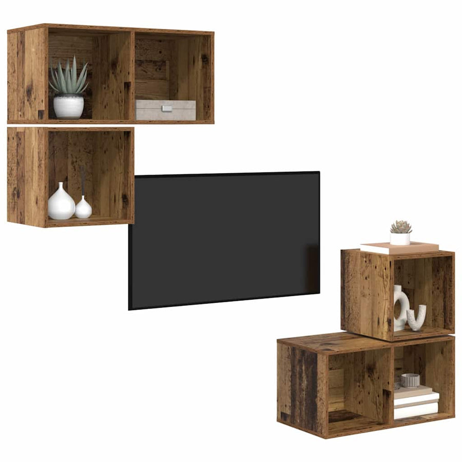 Tv-meubelset Wandgemonteerd 4 pcs Oud Hout Bewerkt hout