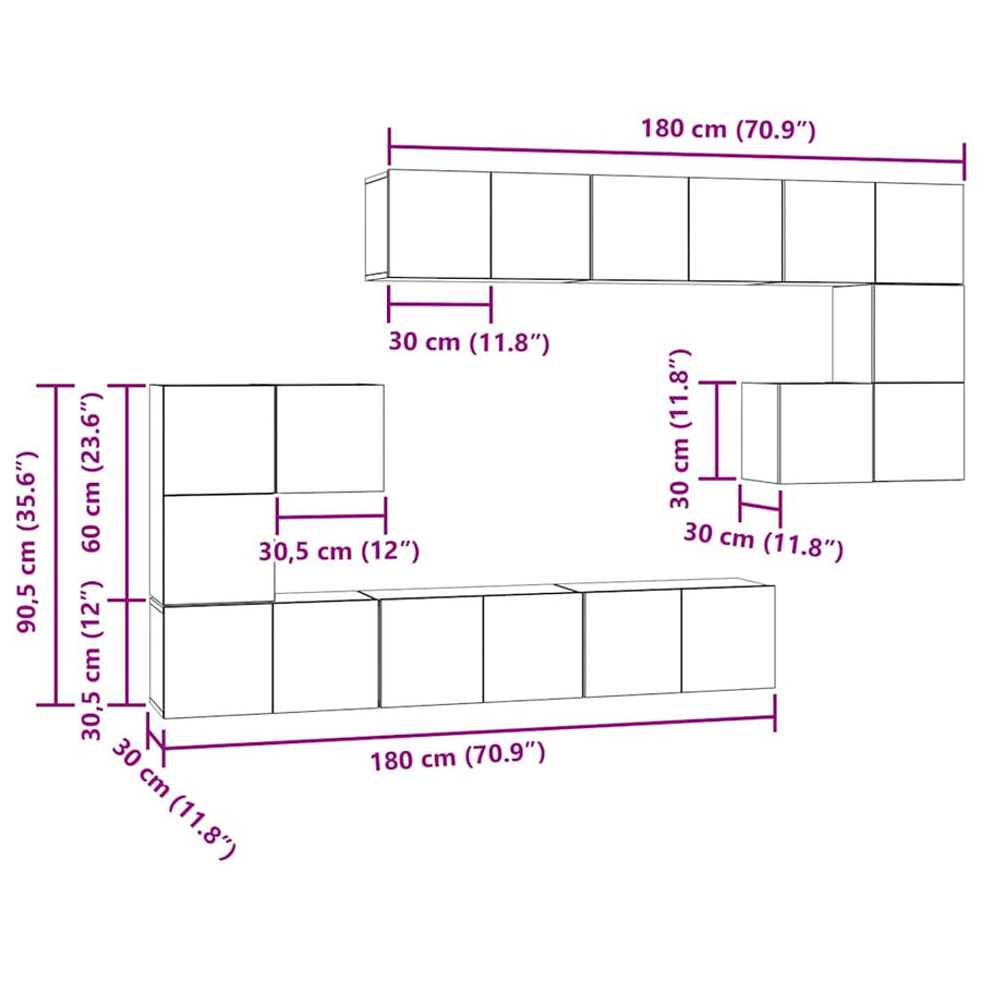 Tv-meubelset 10 pcs Oud hout 180 x 30 x 90.5 cm Bewerkt hout