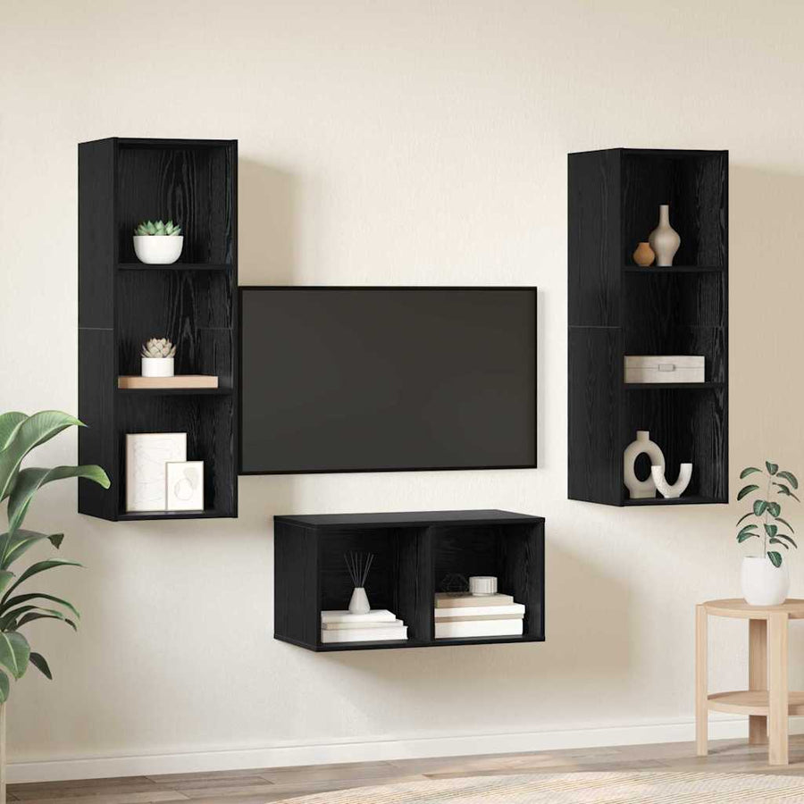 TV-kast set met plank Zwart eiken 37 x 37 x 107 cm Bewerkt hout