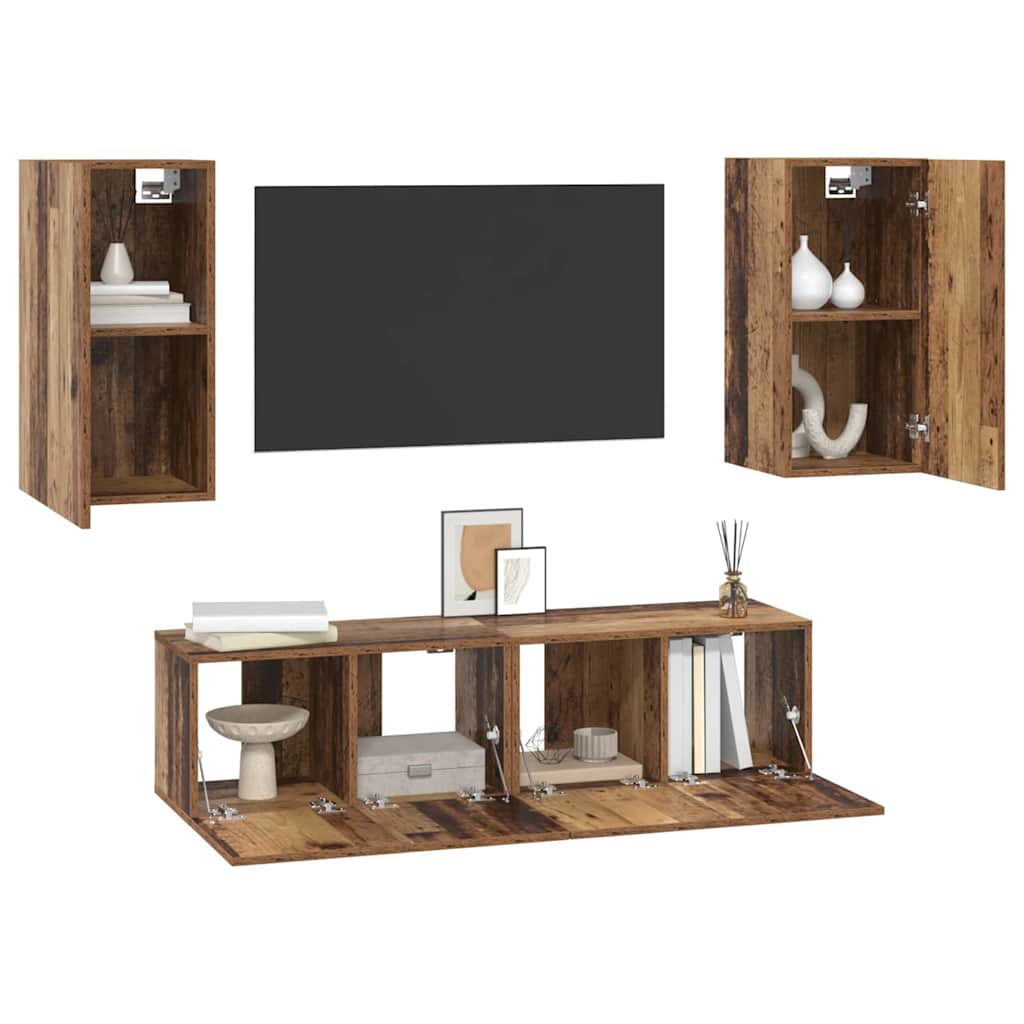 Tv-meubelset met plank Wandgemonteerd met opslag met de deur 4 pcs Oud hout 60 x 30 x 30 cm