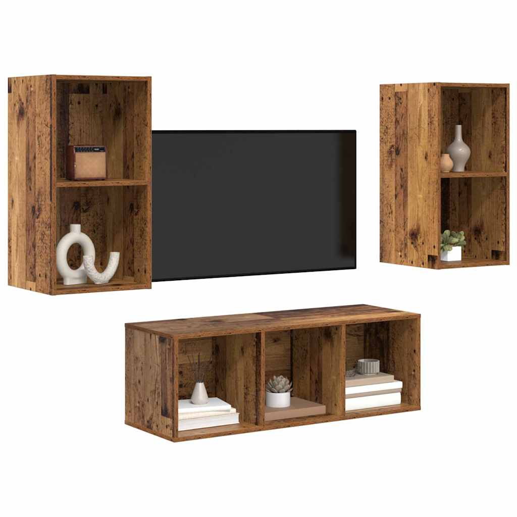 TV-kast set 3 pcs Oud hout 37 x 37 x 107 cm Bewerkt hout