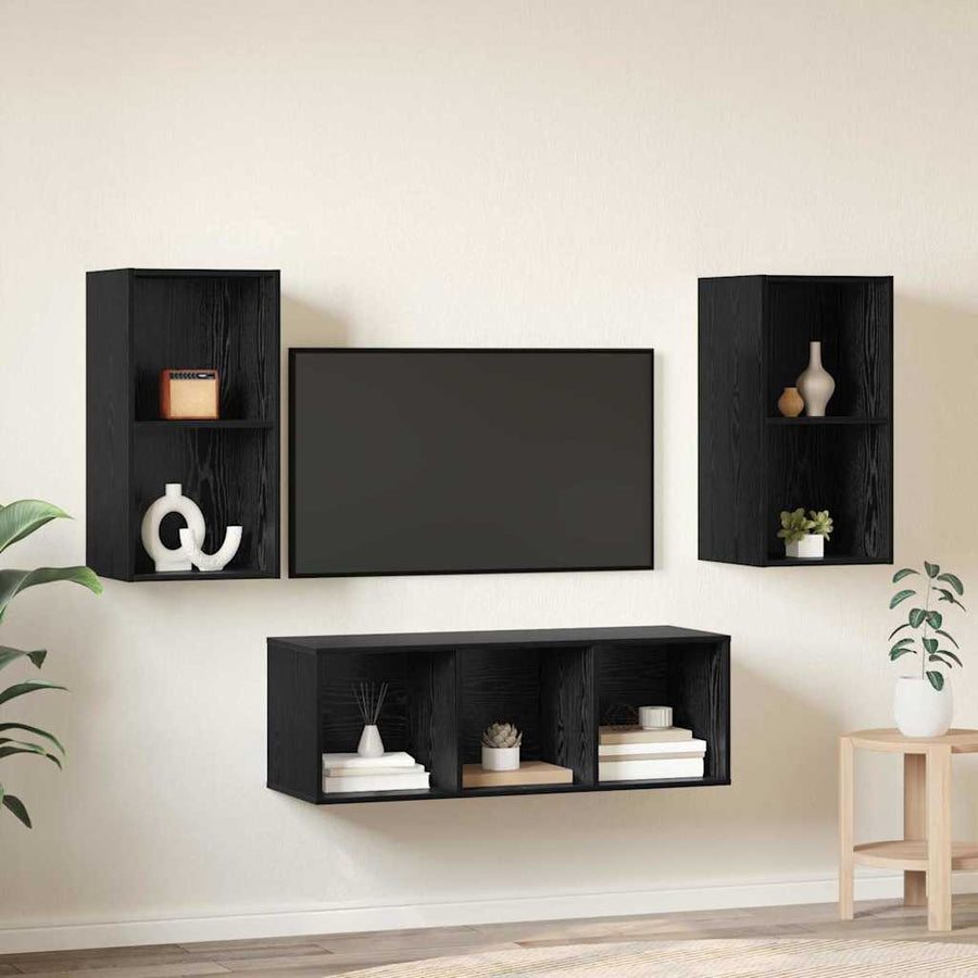 TV-kast set 3 pcs Zwart eiken 37 x 37 x 107 cm Bewerkt hout