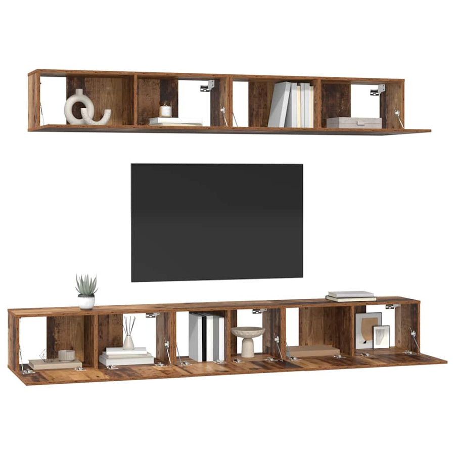 TV-kast set met plank Wandgemonteerd met opslag met de deur 5 pcs Oud hout Medium Bewerkt hout