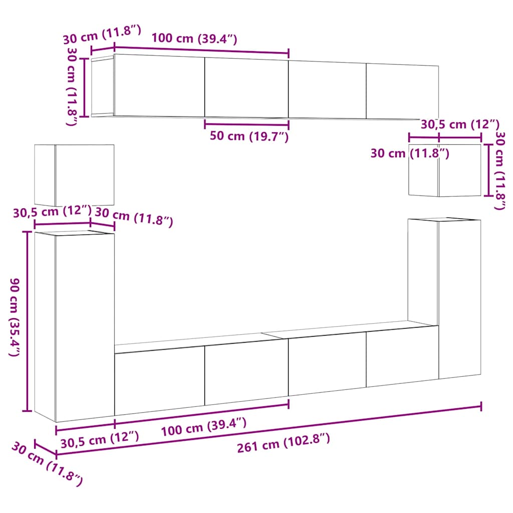 Tv Eenheden Wandgemonteerd 4 Pcs Artisan Eiken Bewerkt Hout 100 cm