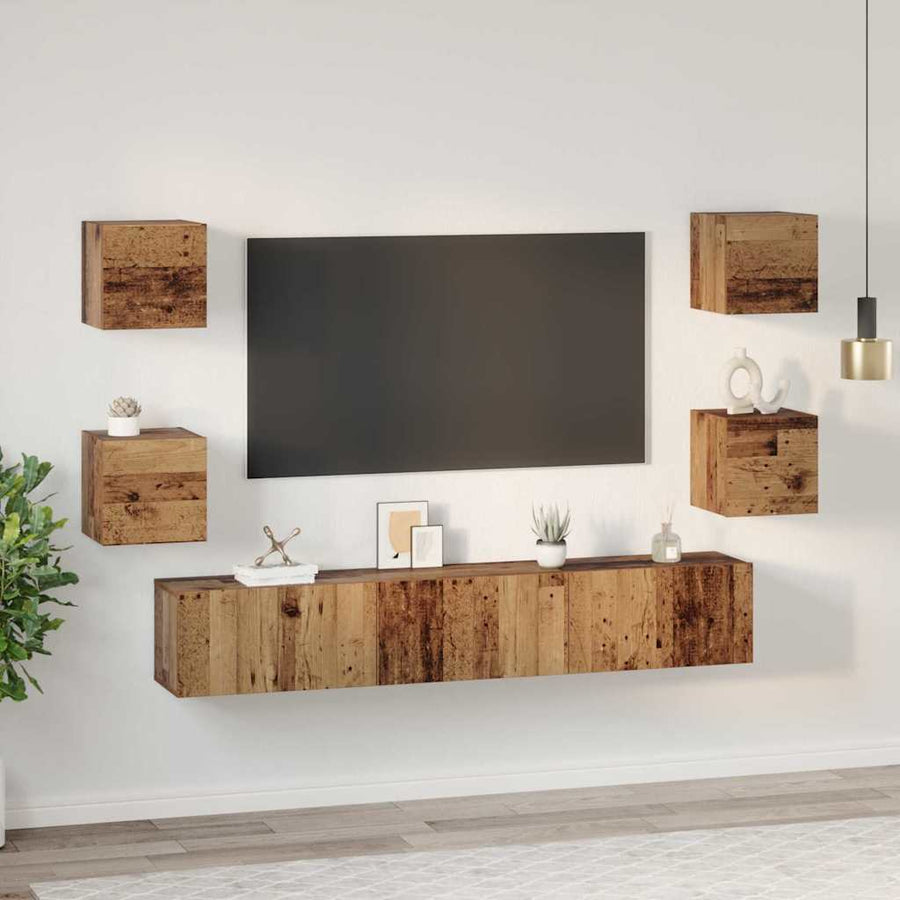 Tv-meubelset Wandgemonteerd 7 pcs Oud Hout Bewerkt hout