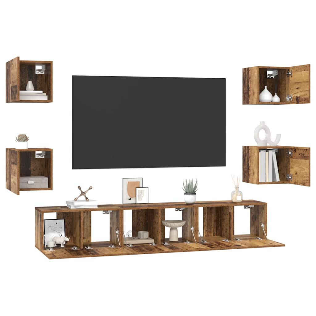 Tv-meubelset Wandgemonteerd 7 pcs Oud Hout Bewerkt hout