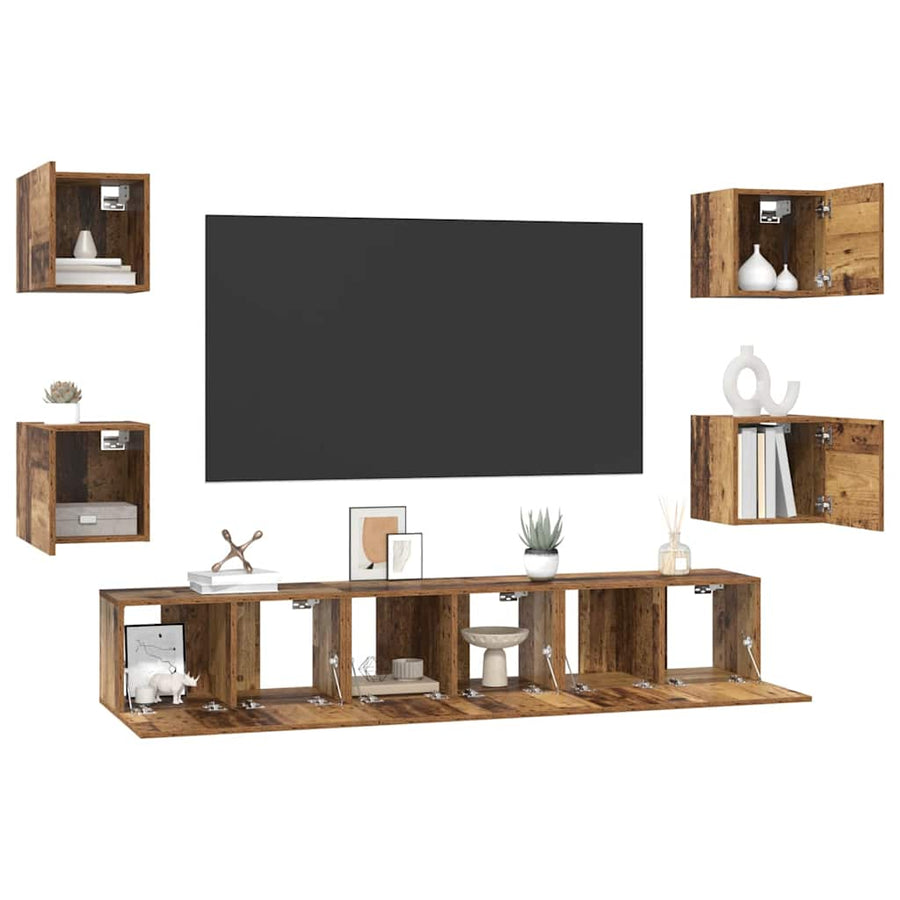 Tv-meubelset Wandgemonteerd 7 pcs Oud Hout Bewerkt hout
